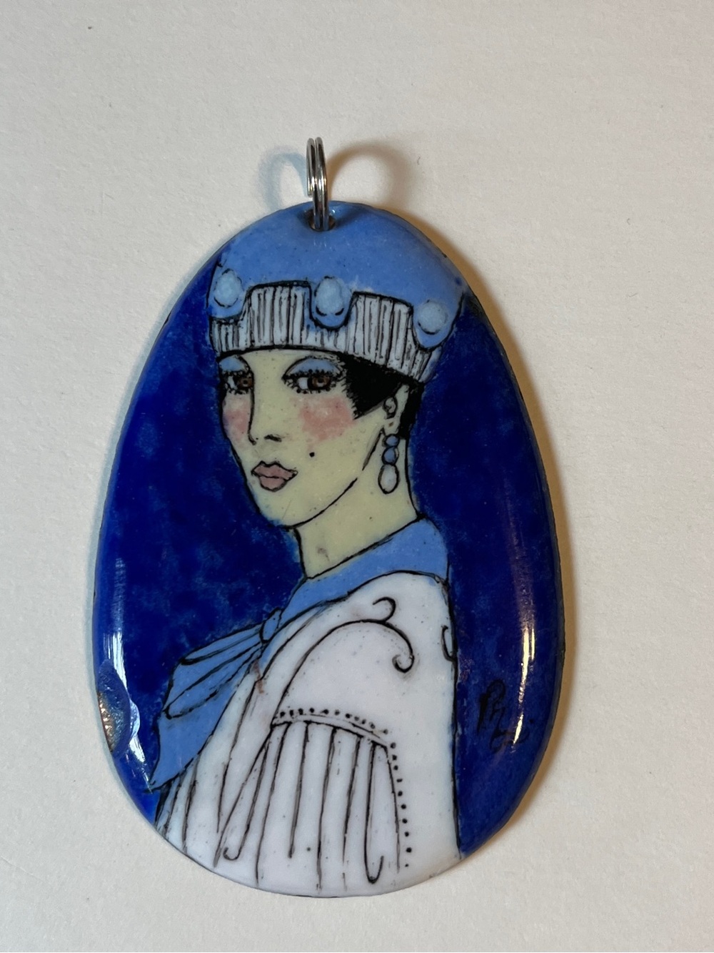 Artist made Enamel Pendent of woman, art deco style.